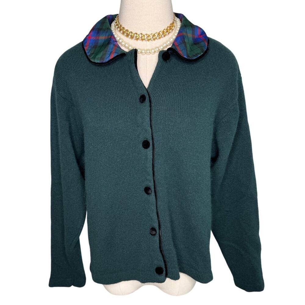 Talbots Vintage Wool Angora Plaid Velvet Collar Cardigan Sweater Green M - Picture 2 of 11